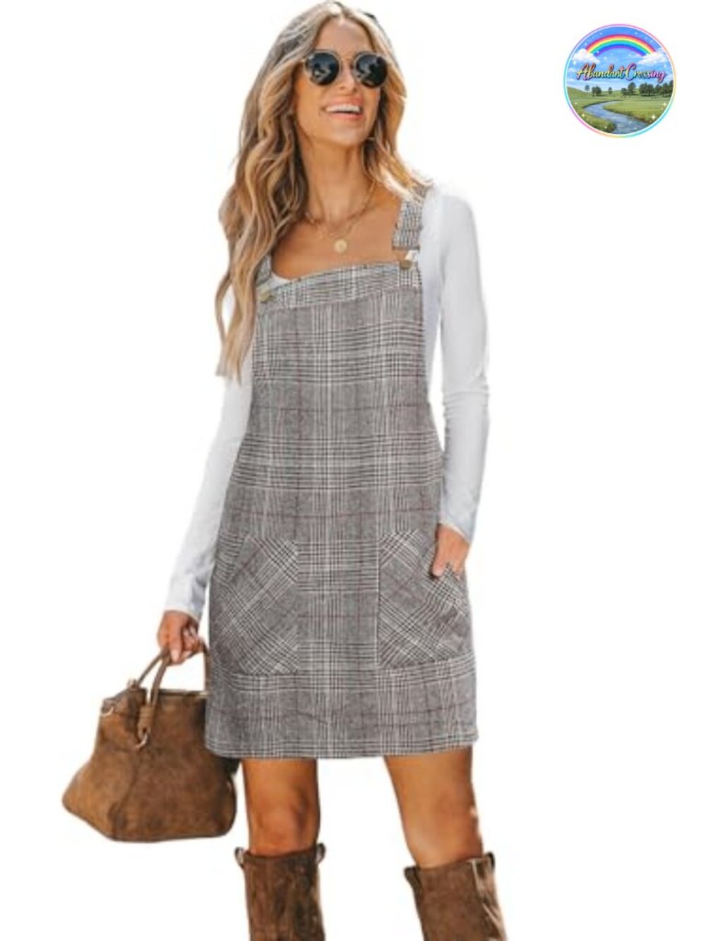Plaid Mini Pinafore Overall Dress Sleeveless Square Neck Pockets Casual